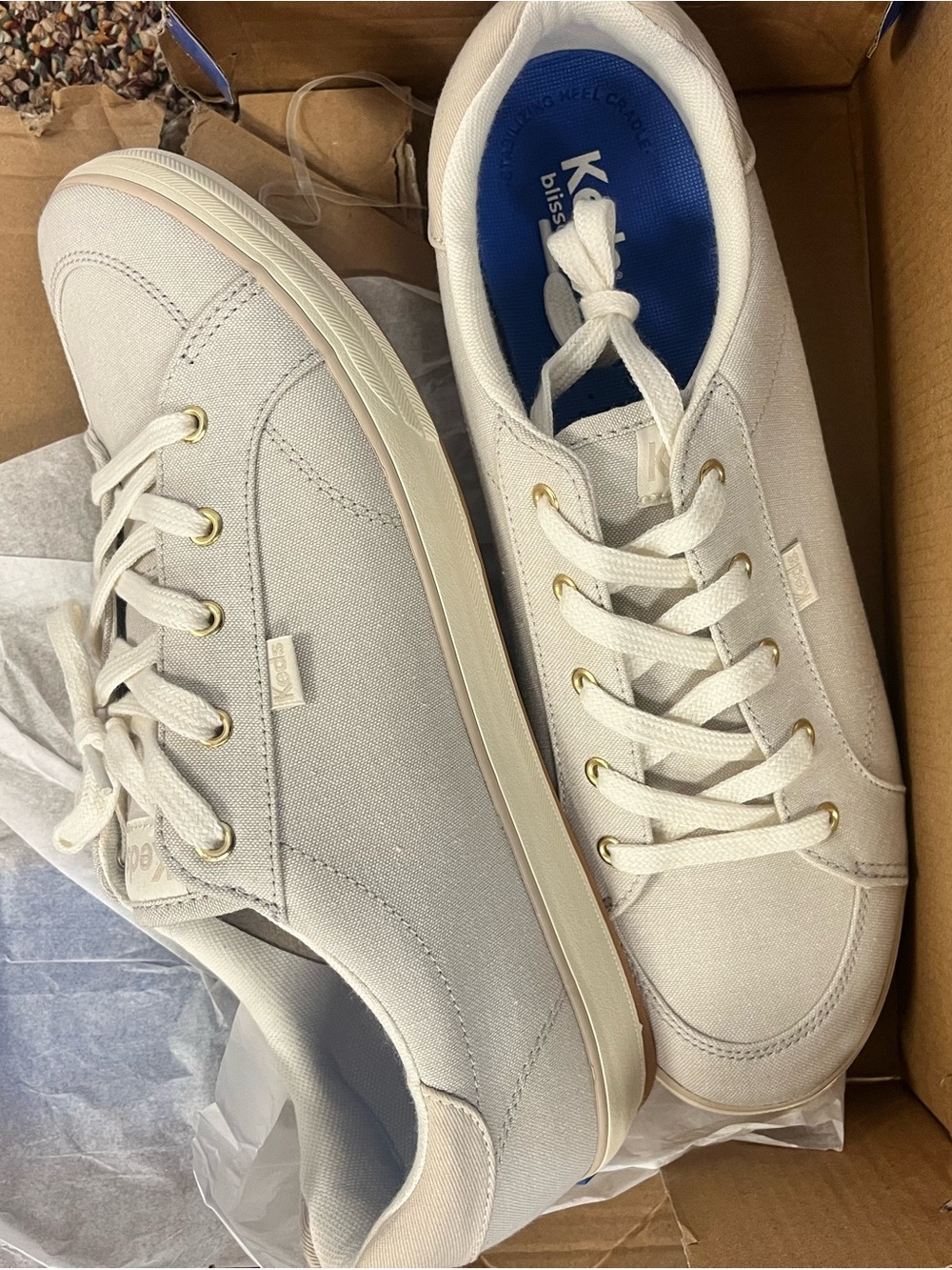 Keds Womens Canvas Sneakers in Off-White with Gold Eyelets